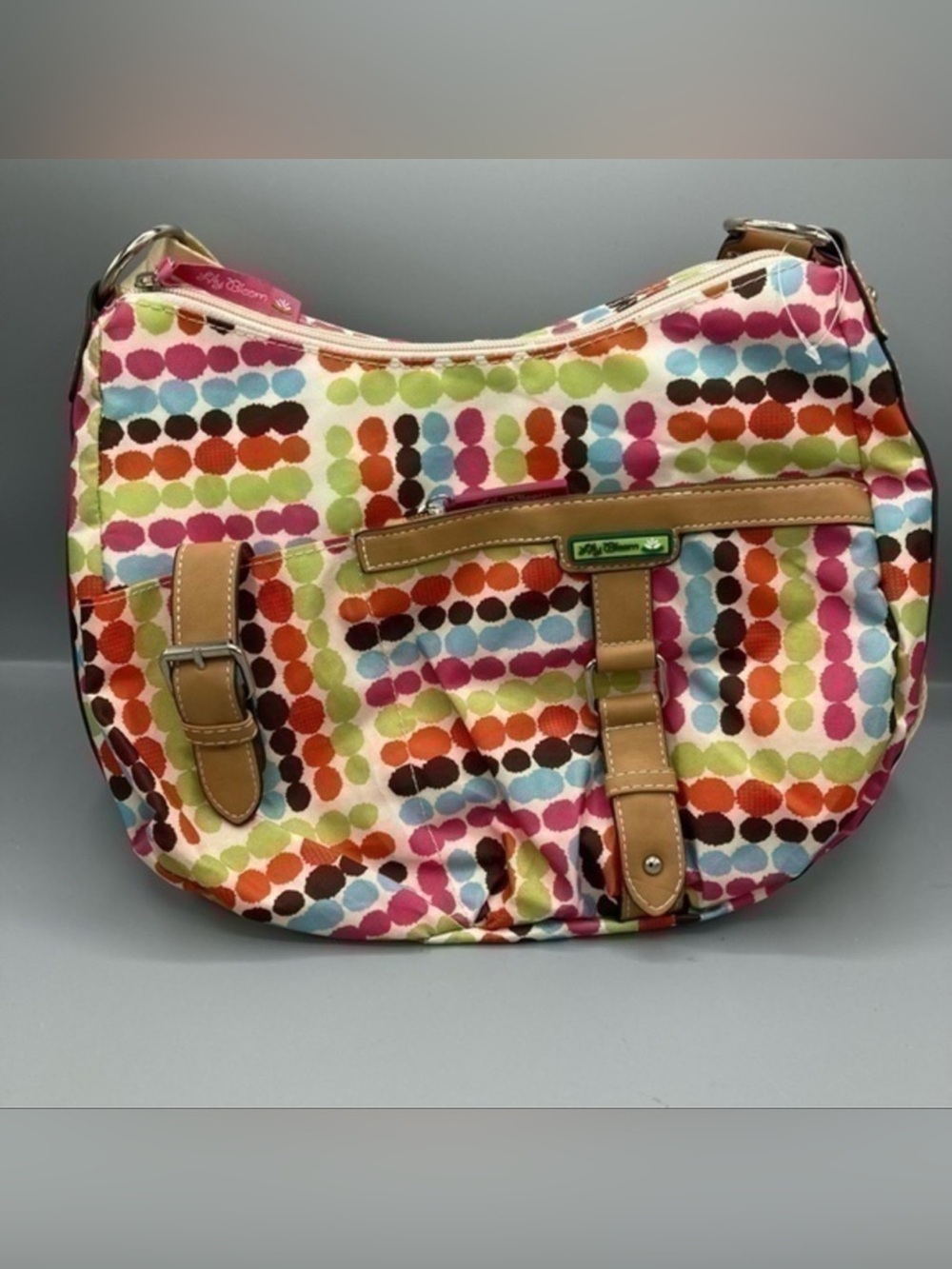 🌸 Lily Bloom Multicolor Dot-Print Shoulder Bag with Tan Trim and Strap Detail